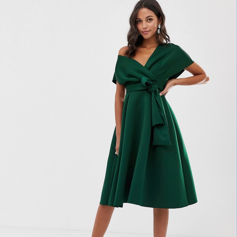 ASOS DESIGN fallen shoulder midi prom dress with tie detail